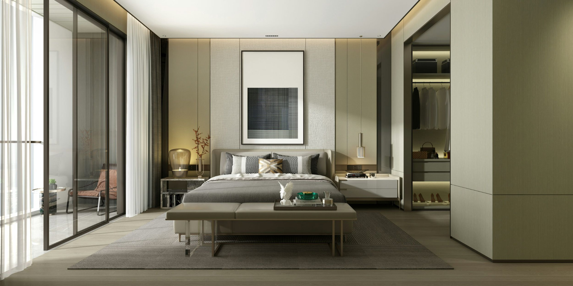 Modern luxury bedroom with floor-to-ceiling windows and tailored furnishings